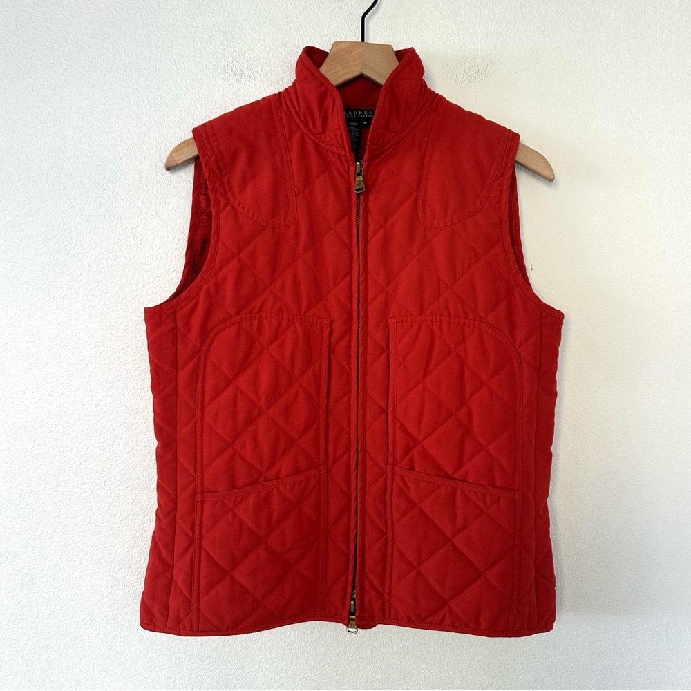Lauren Ralph Lauren Quilted Vest Orange Sz M Zip Up Preppy Equestrian Classic